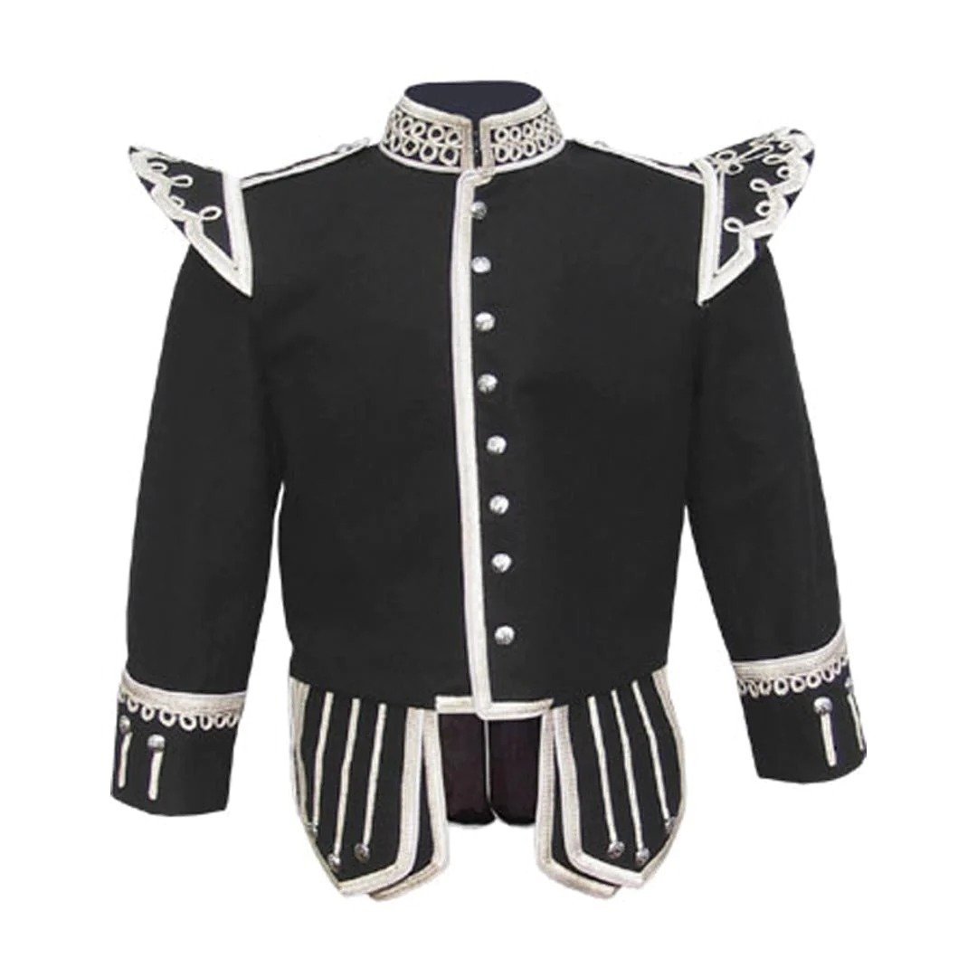 Black Pipe Band Doublet With Silver Buttons - Luxe Regalia