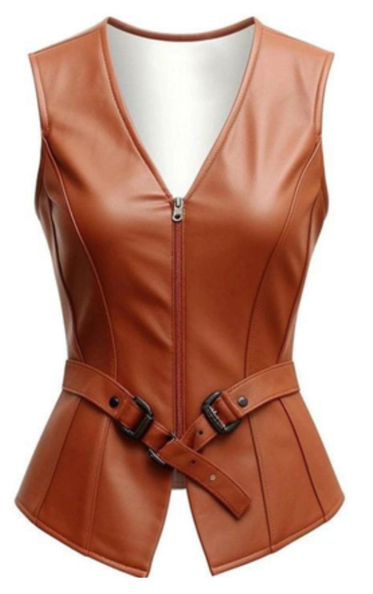 Genuine Leather Zip - Front Vest with Belt Details - Cognac Brown - Luxe Regalia