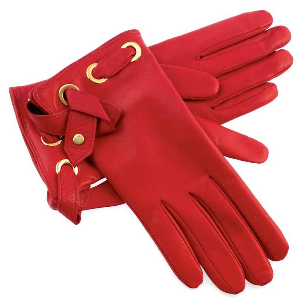 Luxe Lace - Up Leather Gloves - Bold Red - Luxe Regalia