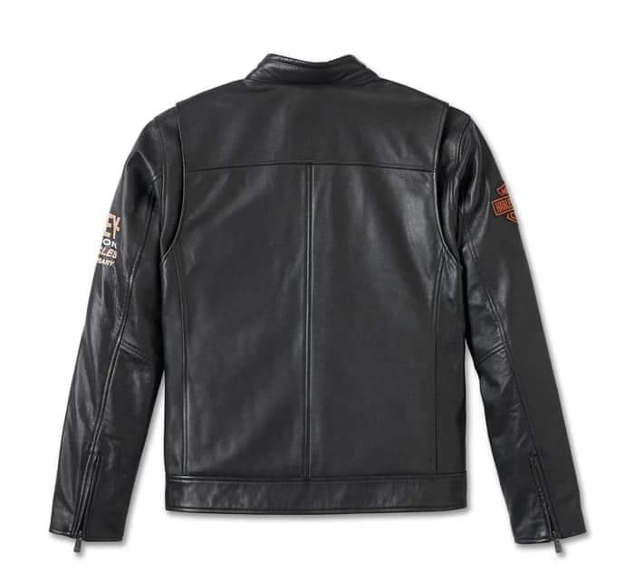 Men’s Harley - Davidson Racing Leather Jacket – 110th Anniversary Edition, Black with Orange & White Stripes - Luxe Regalia