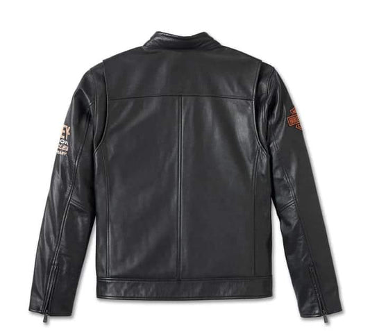 Men’s Harley - Davidson Racing Leather Jacket – 110th Anniversary Edition, Black with Orange & White Stripes - Luxe Regalia