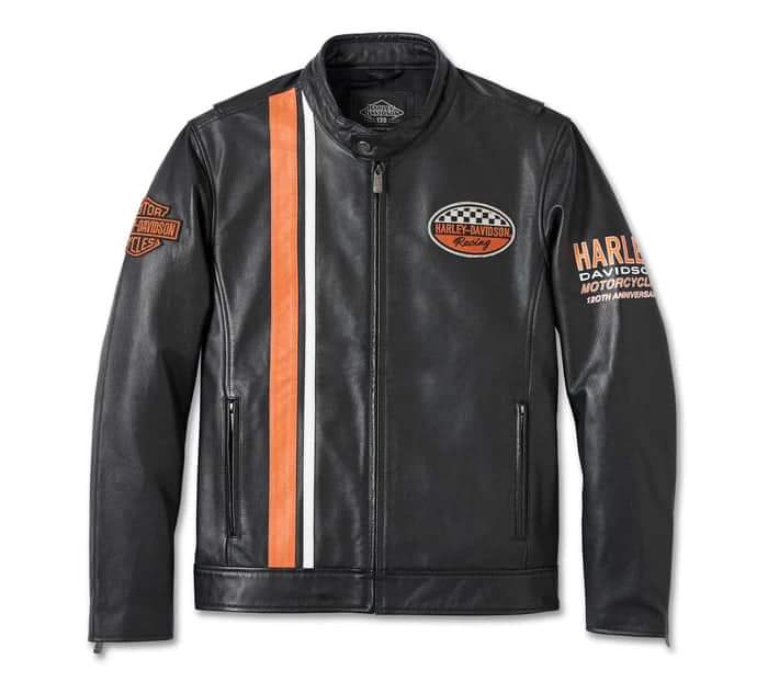 Men’s Harley - Davidson Racing Leather Jacket – 110th Anniversary Edition, Black with Orange & White Stripes
