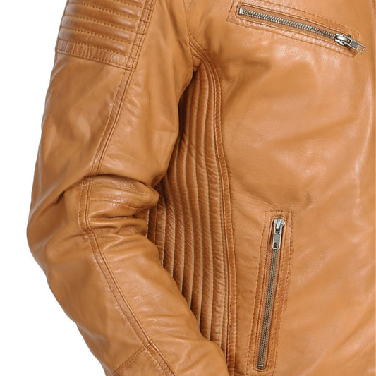 Mens Leather Cafe Racer Biker Jacket Ron Tan - Luxe Regalia