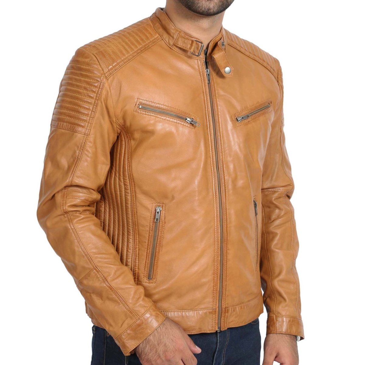 Mens Leather Cafe Racer Biker Jacket Ron Tan - Luxe Regalia