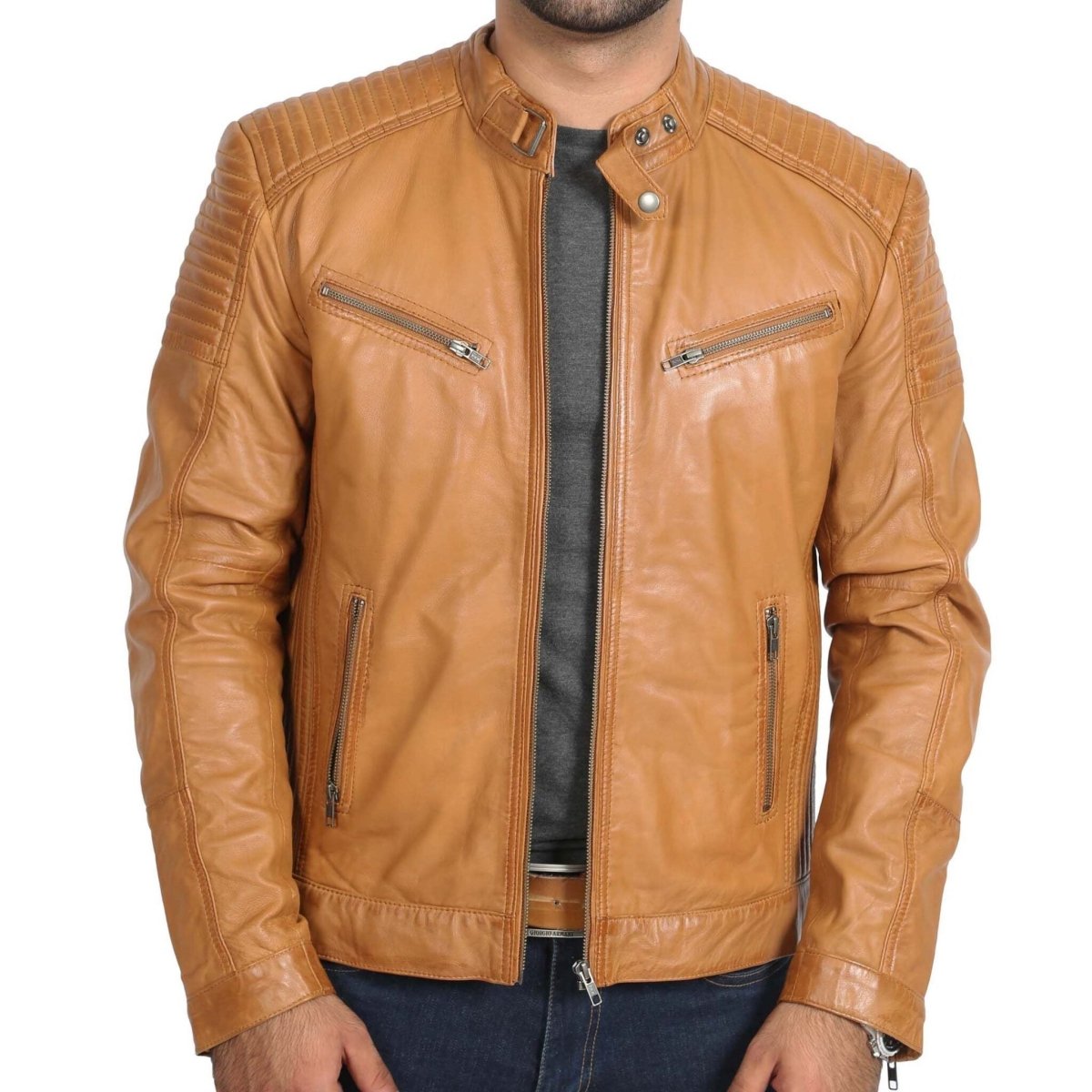 Mens Leather Cafe Racer Biker Jacket Ron Tan - Luxe Regalia