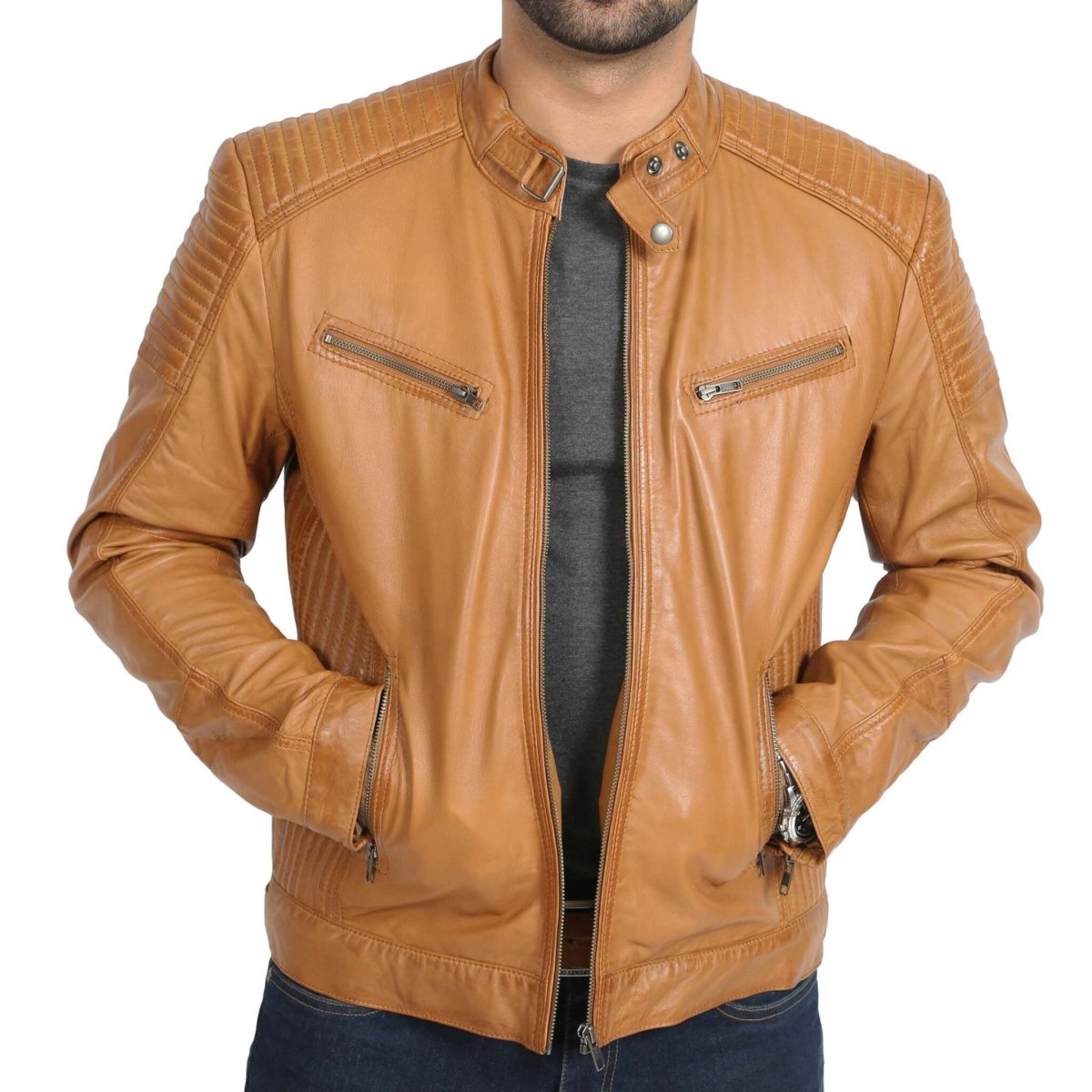 Mens Leather Cafe Racer Biker Jacket Ron Tan - Luxe Regalia