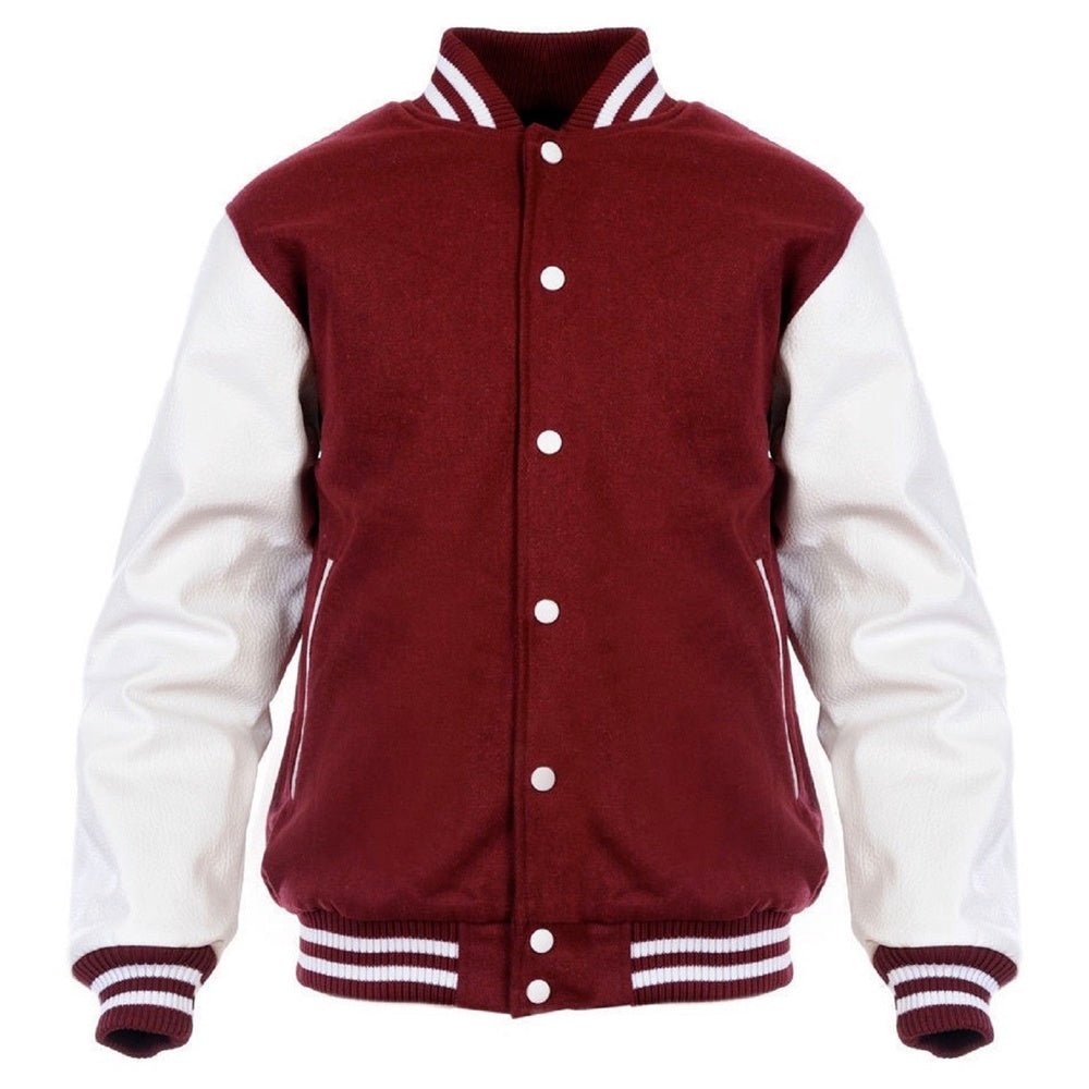 Men’s Maroon & White Varsity Jacket – Wool Blend Back with Genuine Leather Sleeves and Ribbed Trim - Luxe Regalia