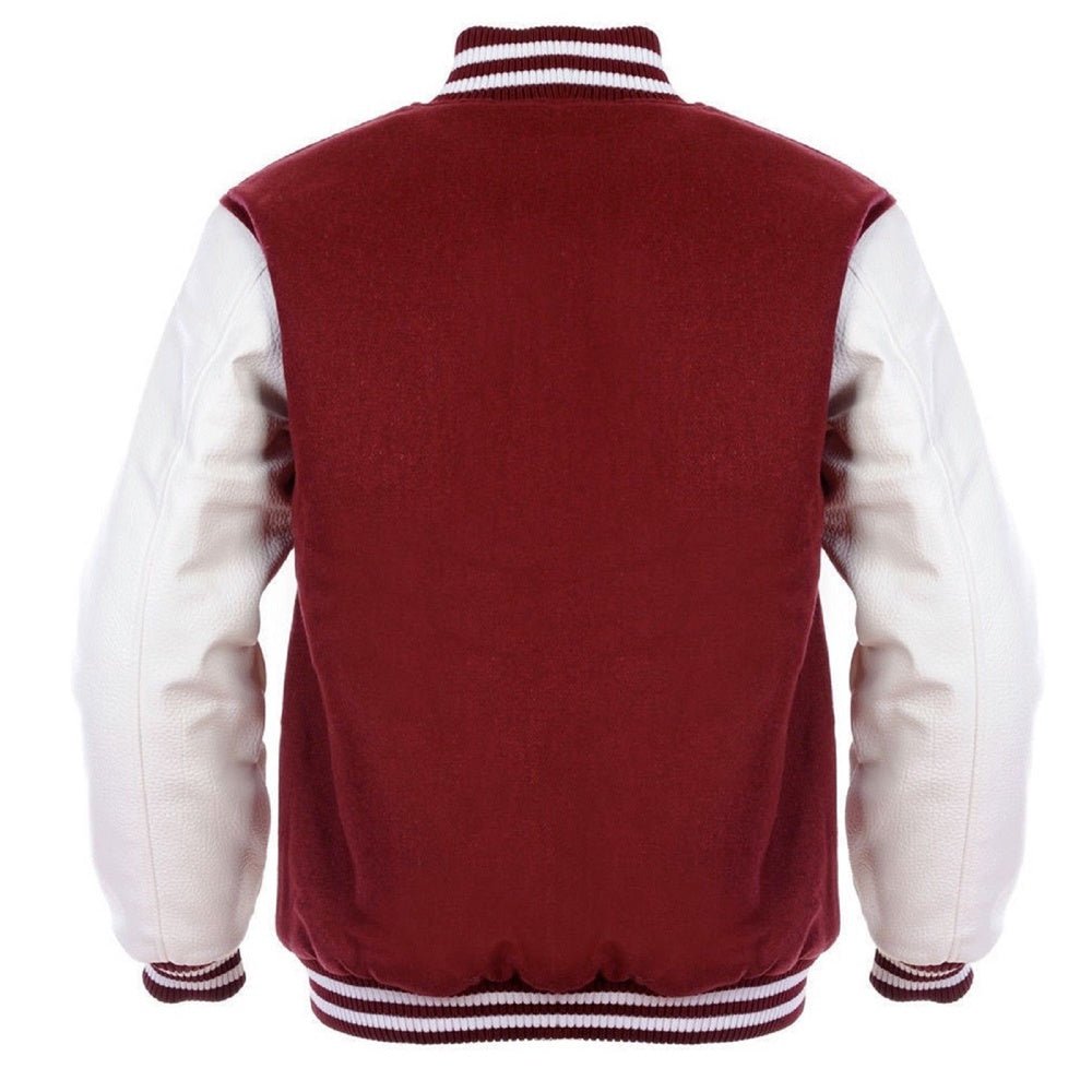 Men’s Maroon & White Varsity Jacket – Wool Blend Back with Genuine Leather Sleeves and Ribbed Trim - Luxe Regalia