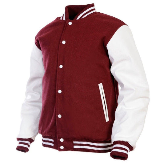 Men’s Maroon & White Varsity Jacket – Wool Blend Back with Genuine Leather Sleeves and Ribbed Trim - Luxe Regalia