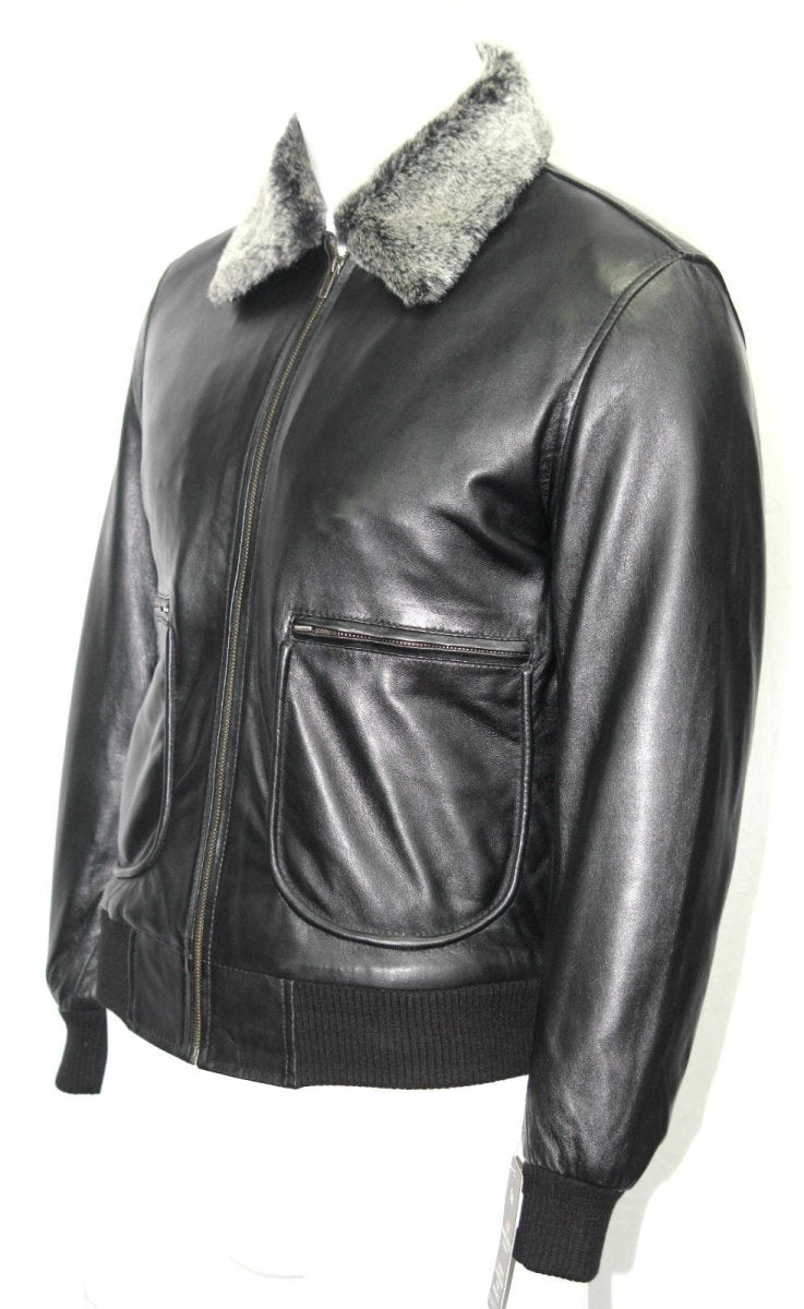 Men’s Premium Black Leather Bomber Jacket with Faux Fur Collar – Stylish Aviator Coat - Luxe Regalia