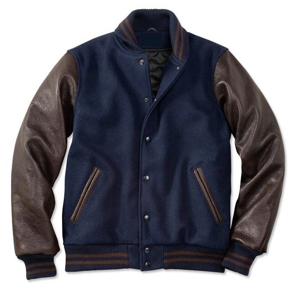 Navy Wool Varsity Jacket with Brown Leather Sleeves – Premium Letterman Style - Luxe Regalia