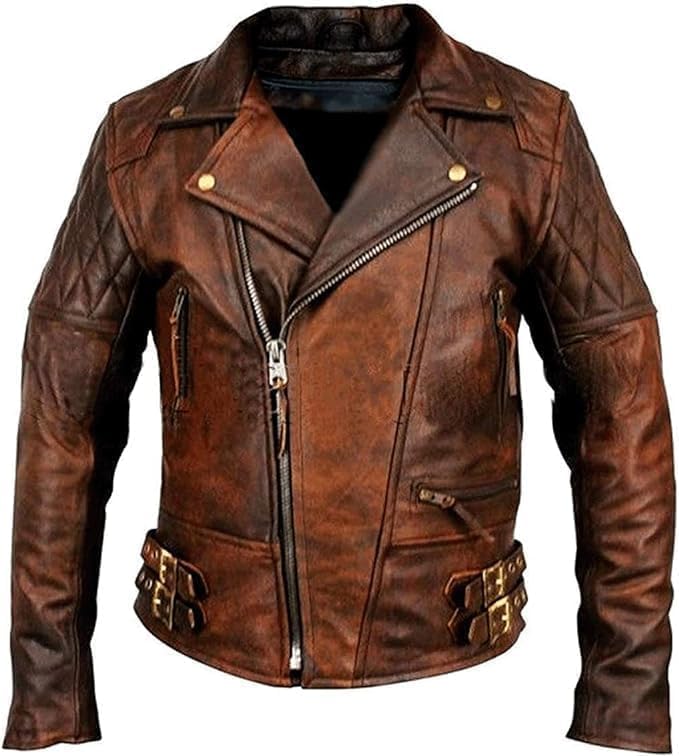 Biker Brando Motorcycle Bomber Leather Jacket - Genuine Brown Handmade Leather Jacket - Luxe Regalia