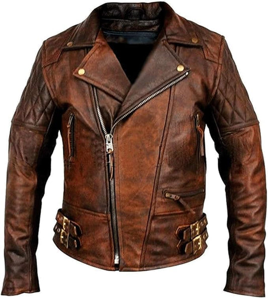 Biker Brando Motorcycle Bomber Leather Jacket - Genuine Brown Handmade Leather Jacket - Luxe Regalia