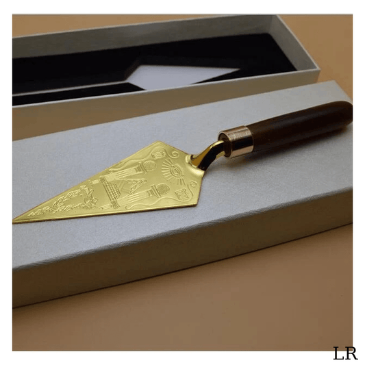 Blue Lodge Golden Ceremonial Trowel – Engraved-Style Blade & Wooden Handle, Boxed - Luxe Regalia