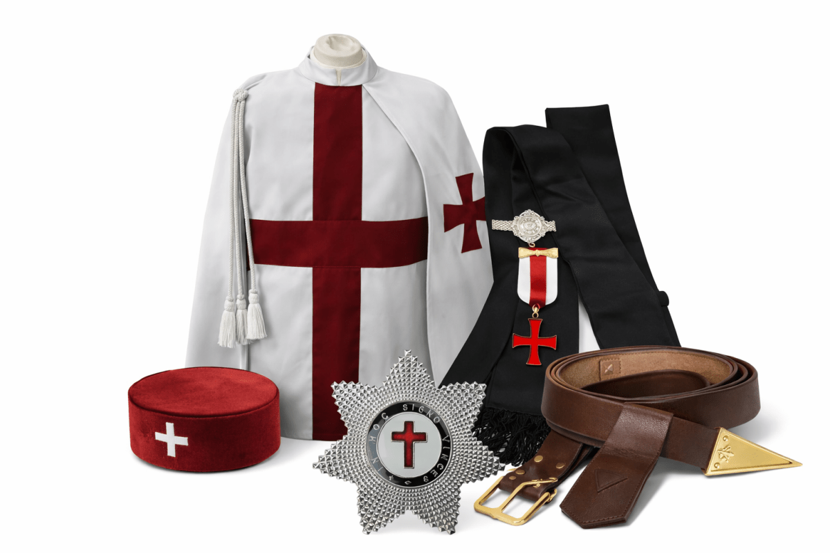 Complete Knights Templar Regalia Set – Tunic, Mantle, Sash, Cap, Sword Belt & Star Jewel (Irish Constitution) - Luxe Regalia