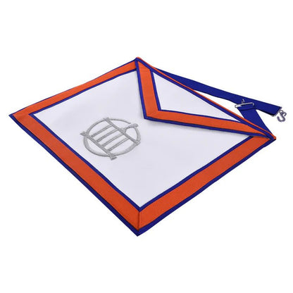 Installed Worthy Master St. Lawrence the Martyr AMD Apron: Blue & Orange Borders with Silver Gridiron - Luxe Regalia