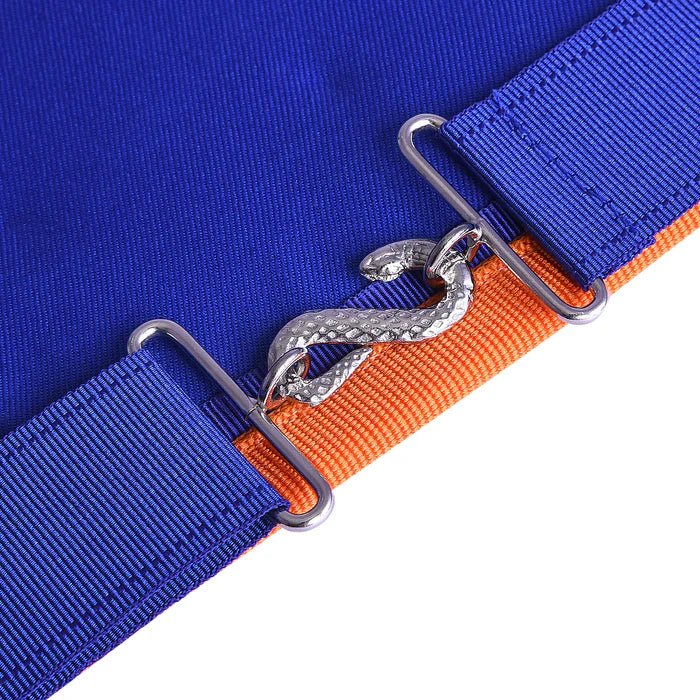 Installed Worthy Master St. Lawrence the Martyr AMD Apron: Blue & Orange Borders with Silver Gridiron - Luxe Regalia