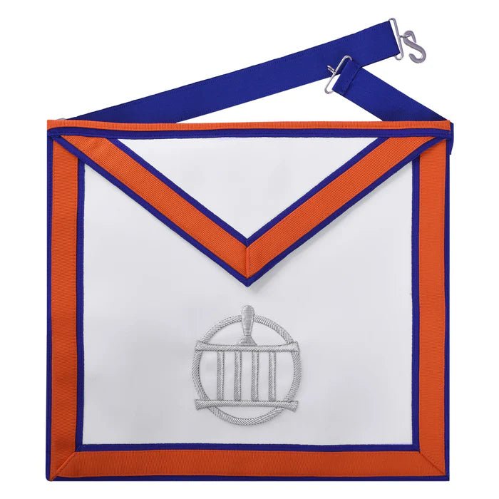 Installed Worthy Master St. Lawrence the Martyr AMD Apron: Blue & Orange Borders with Silver Gridiron - Luxe Regalia