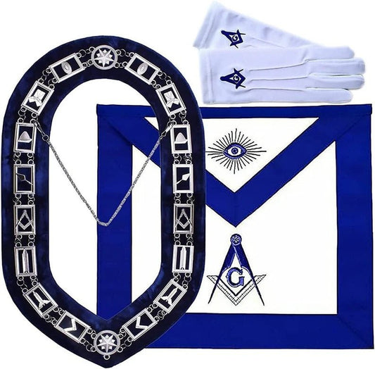 Masonic Regalia Blue Lodge Master Mason Apron, Chain Collar, Square and Compass Gloves Set - Luxe Regalia