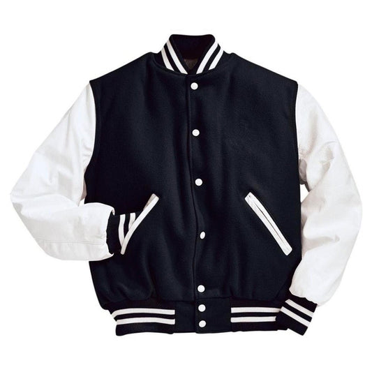 Men’s Black & White Varsity Jacket – Classic Letterman Style with Wool Body and Leather Sleeves - Luxe Regalia