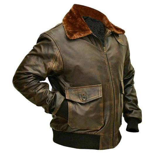 Men’s Distressed Brown Aviator Bomber Leather Jacket - Luxe Regalia