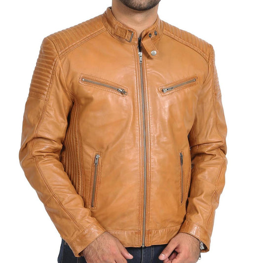 Mens Leather Cafe Racer Biker Jacket Ron Tan - Luxe Regalia