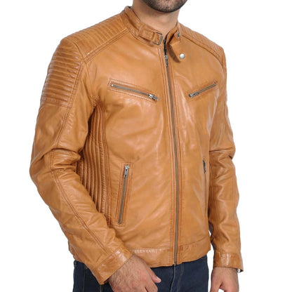 Mens Leather Cafe Racer Biker Jacket Ron Tan - Luxe Regalia