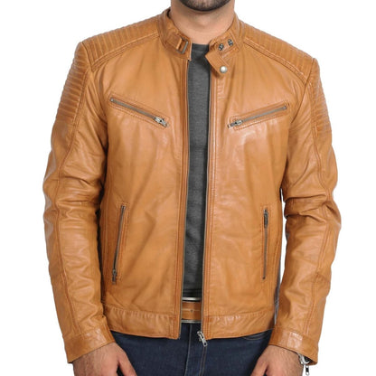 Mens Leather Cafe Racer Biker Jacket Ron Tan - Luxe Regalia