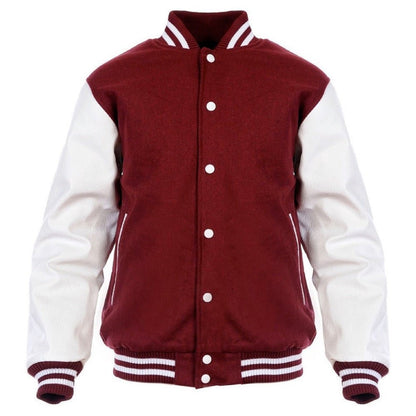 Men’s Maroon & White Varsity Jacket – Wool Blend Back with Genuine Leather Sleeves and Ribbed Trim - Luxe Regalia