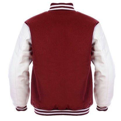 Men’s Maroon & White Varsity Jacket – Wool Blend Back with Genuine Leather Sleeves and Ribbed Trim - Luxe Regalia