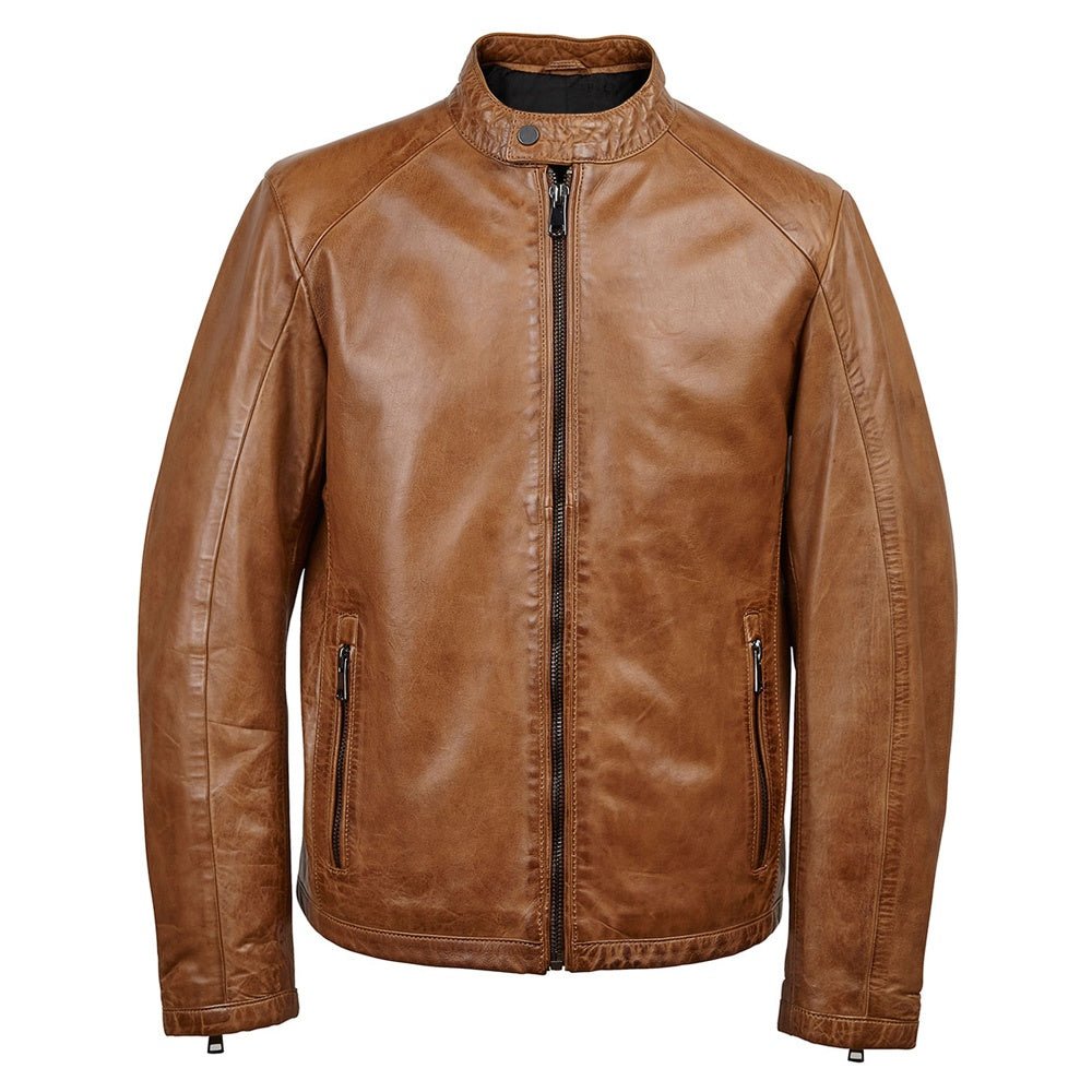 Men’s Modern Pure Lambskin Real Leather Cafe Racer Biker Jacket Band Collar With Zipper Closure - Luxe Regalia