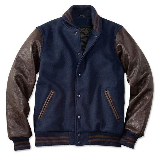 Men’s Navy Blue & Brown Varsity Jacket – Wool Body with Genuine Leather Sleeves and Quilted Lining - Luxe Regalia