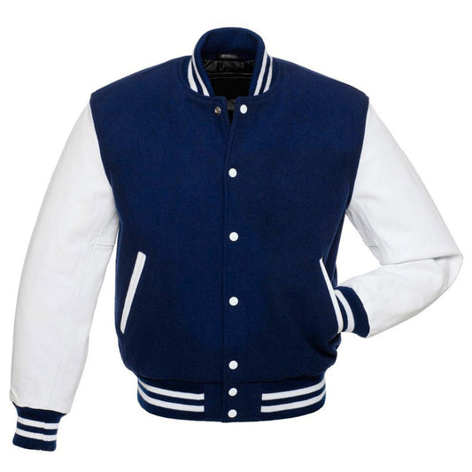 Men’s Navy Blue & White Varsity Jacket – Wool Body with White Leather Sleeves and Classic Striped Trim - Luxe Regalia