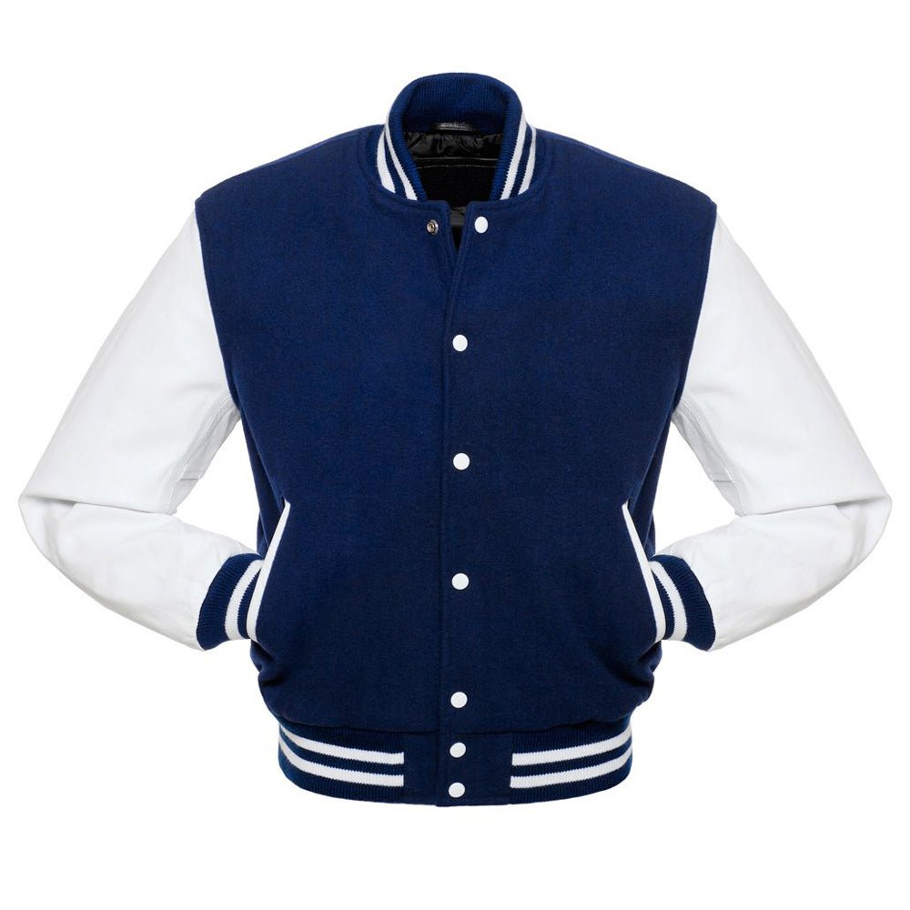 Men’s Navy Blue & White Varsity Jacket – Wool Body with White Leather Sleeves and Classic Striped Trim - Luxe Regalia