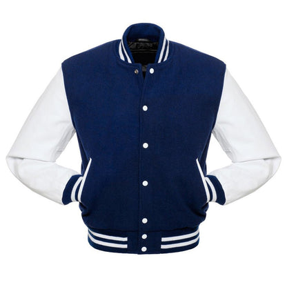 Men’s Navy Blue & White Varsity Jacket – Wool Body with White Leather Sleeves and Classic Striped Trim - Luxe Regalia