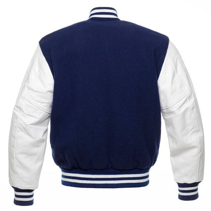 Men’s Navy Blue & White Varsity Jacket – Wool Body with White Leather Sleeves and Classic Striped Trim - Luxe Regalia