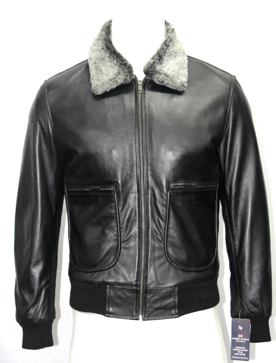 Men’s Premium Black Leather Bomber Jacket with Faux Fur Collar – Stylish Aviator Coat - Luxe Regalia