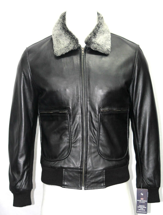 Men’s Premium Black Leather Bomber Jacket with Faux Fur Collar – Stylish Aviator Coat - Luxe Regalia