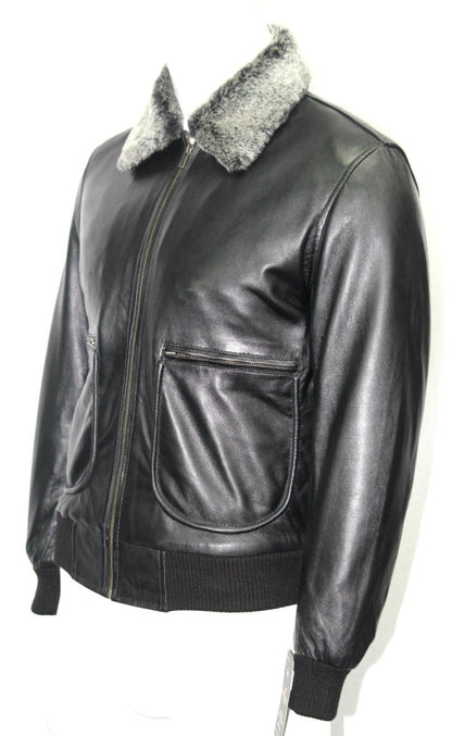 Men’s Premium Black Leather Bomber Jacket with Faux Fur Collar – Stylish Aviator Coat - Luxe Regalia