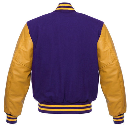Men’s Purple & Gold Varsity Jacket – Wool Body with Gold Leather Sleeves and Striped Knit Trim - Luxe Regalia