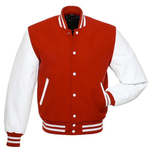 Men’s Red Wool & White Leather Varsity Jacket – Classic Letterman Style with Ribbed Trim - Luxe Regalia