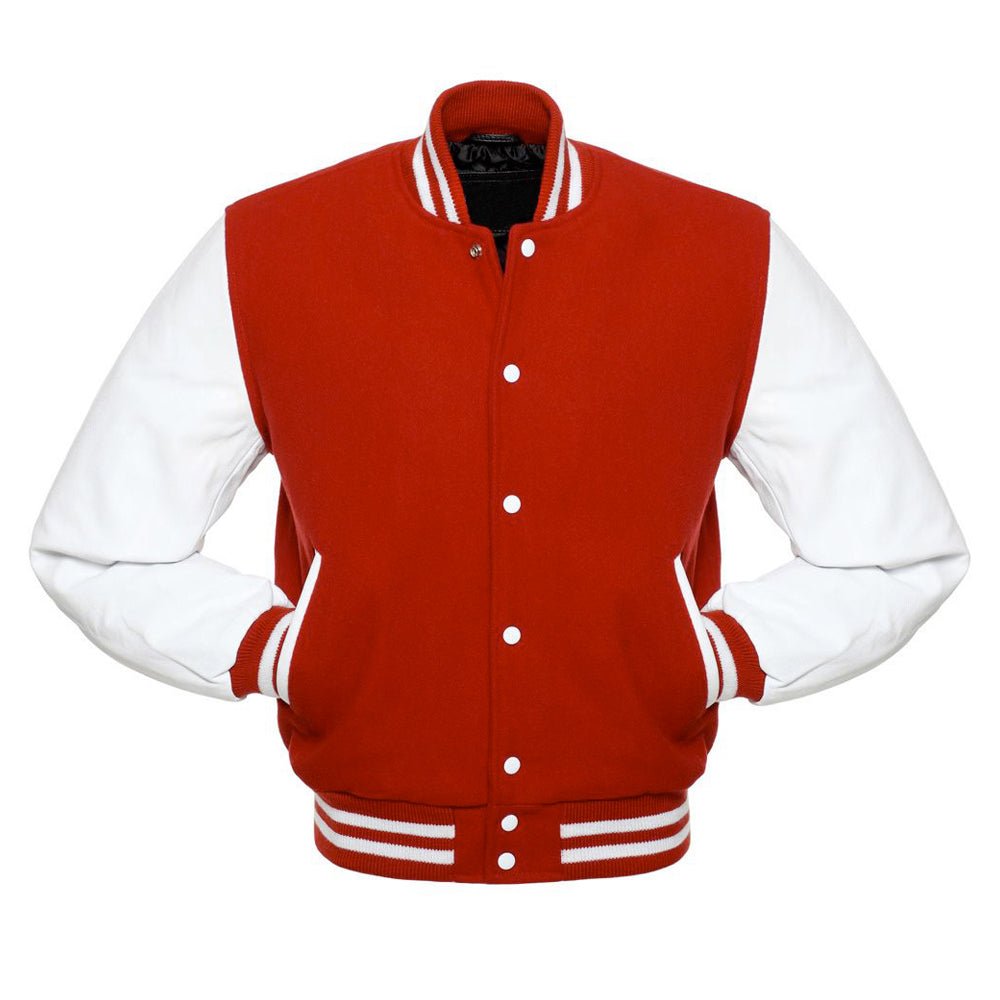 Men’s Red Wool & White Leather Varsity Jacket – Classic Letterman Style with Ribbed Trim - Luxe Regalia