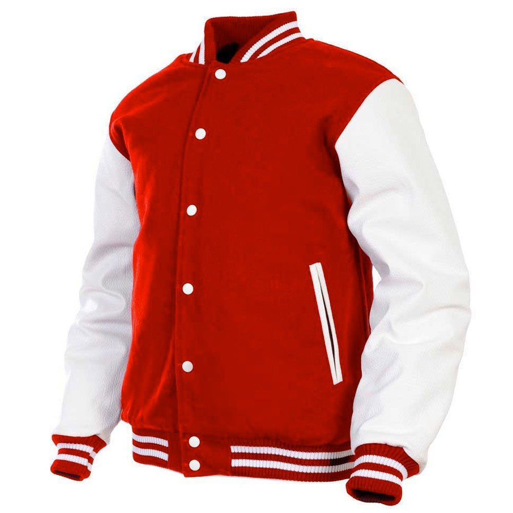 Men’s Red Wool & White Leather Varsity Jacket – Classic Letterman Style with Ribbed Trim - Luxe Regalia