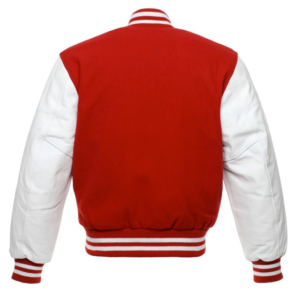 Men’s Red Wool & White Leather Varsity Jacket – Classic Letterman Style with Ribbed Trim - Luxe Regalia