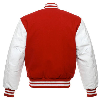 Men’s Red Wool & White Leather Varsity Jacket – Classic Letterman Style with Ribbed Trim - Luxe Regalia