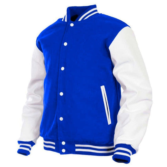 Men’s Royal Blue & White Varsity Jacket – Classic College Letterman Style with Wool Body & Genuine Leather Sleeves