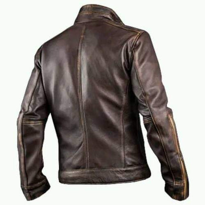 Men’s Vintage Brown Leather Biker Jacket – Distressed Look, Zip Closure, Stand Collar - Luxe Regalia
