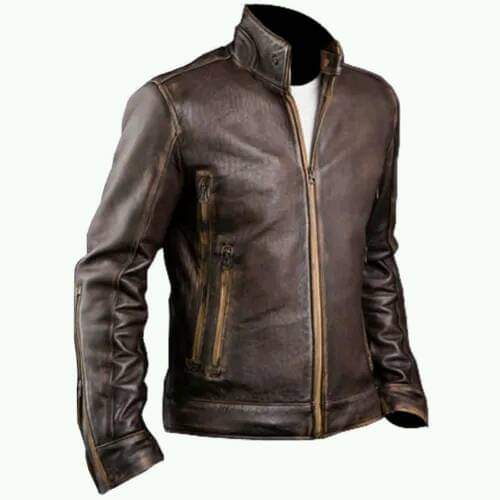 Men’s Vintage Brown Leather Biker Jacket – Distressed Look, Zip Closure, Stand Collar - Luxe Regalia