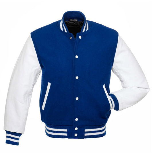 ROYAL WOOL and WHITE LEATHER Varsity Jacket - Luxe Regalia
