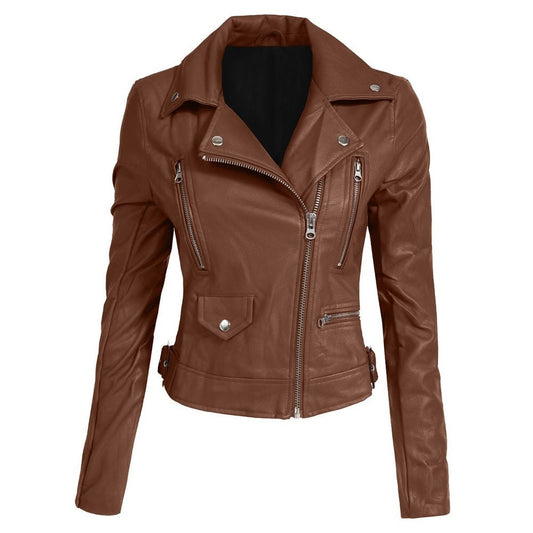 Women’s Brown Leather Moto Jacket – Asymmetrical Zip, Classic Fit, and Chic Utility Details - Luxe Regalia